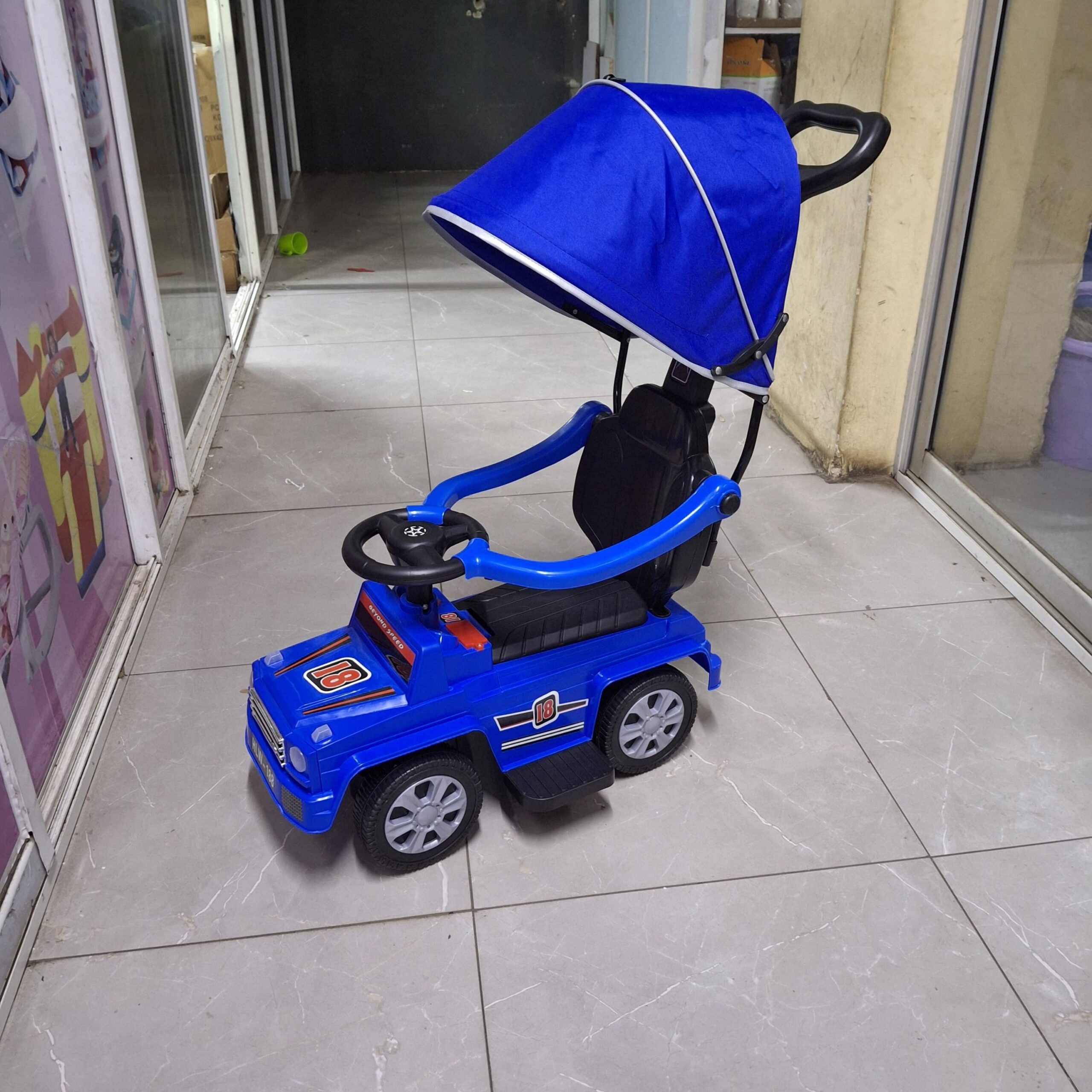 KARTECH Blue Push Ride-On Car with Canopy and High-Security Guardrails