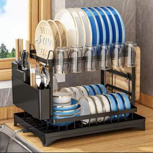 2 tier advanced dishrash with water drainer and glass holder